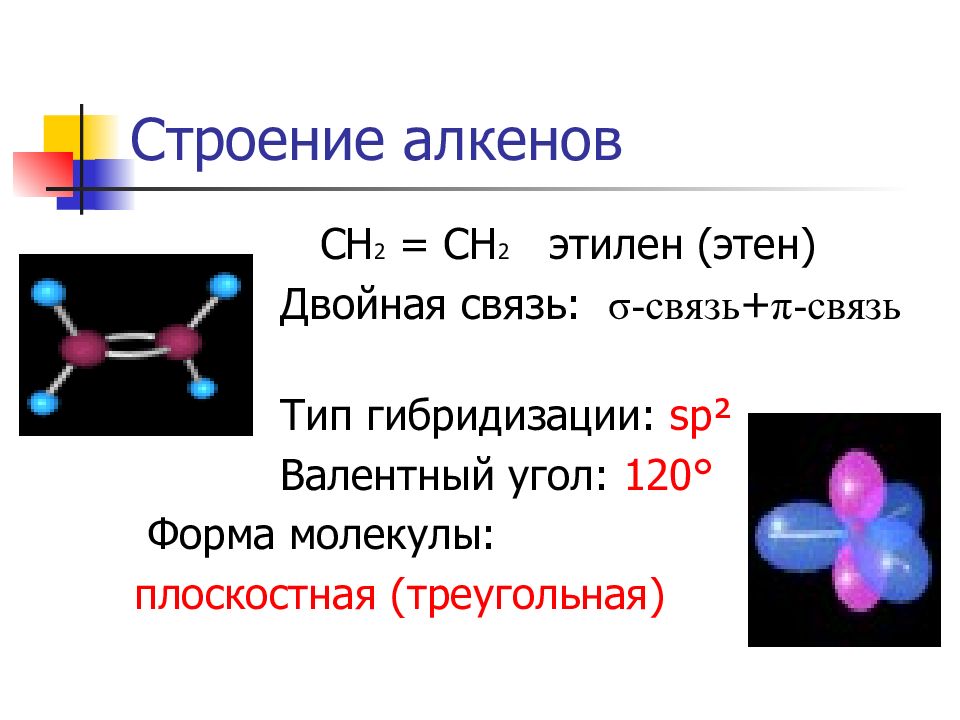 Алкены двойная связь. Строение алкенов валентный угол. Тип связи в алкенах. Строение химической связи алкенов. Особенности строения молекул алкенов.