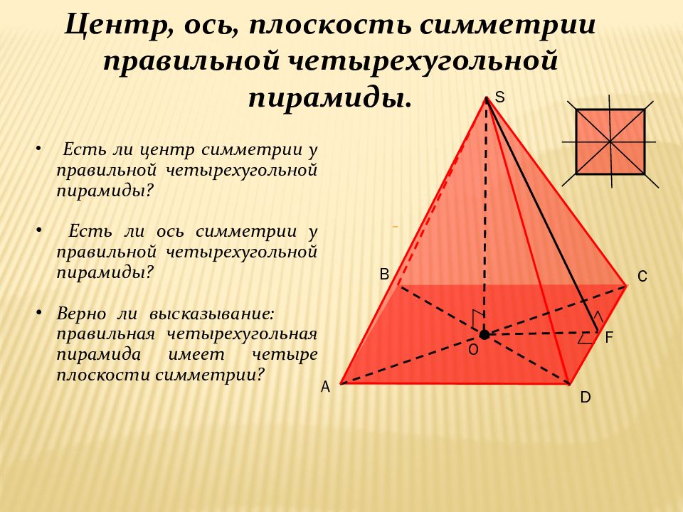 Четырехугольная пирамида имеет. Центр, ось и плоскость симметрии правильной четырехугольной пирамиды. Правильная четырехугольная пирамида на плоскости. Симметрия правильной пирамиды. Симметрия в пирамиде.