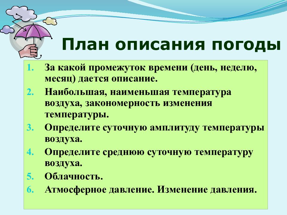 Общий план рассказа. План описания погоды. Описание погоды по плану. План описания погоды 6 класс. Описание климата по плану.