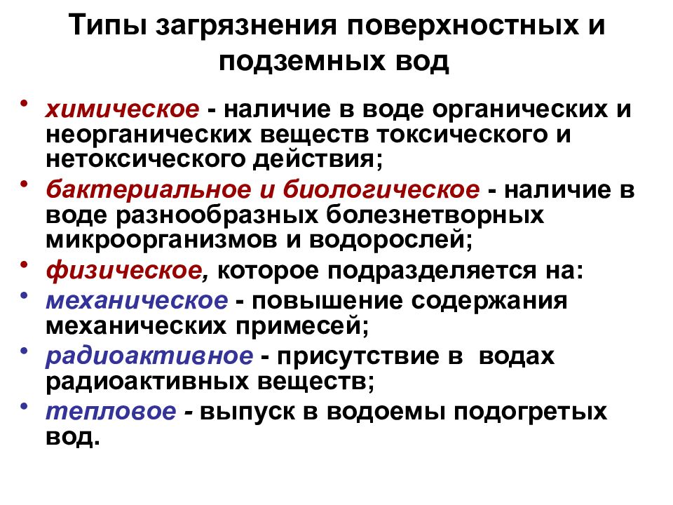 Загрязнение поверхностных. Типы загрязнения поверхностных и подземных вод. Типы загрязнения подземных вод. Типы загрязнения поверхностных вод. Источники загрязнения подземных вод.