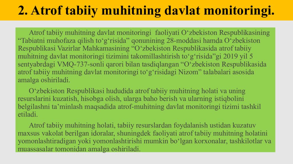 2. Atrof tabiiy muhitning davlat monitoringi.