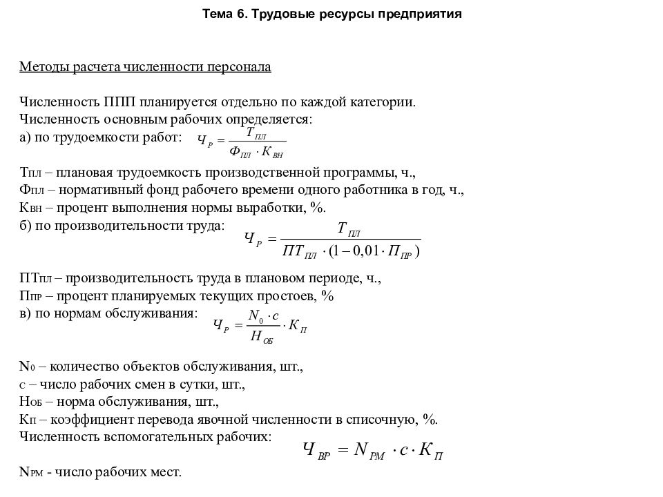 Планирование численности основных и вспомогательных рабочих численность персонала участка по плану