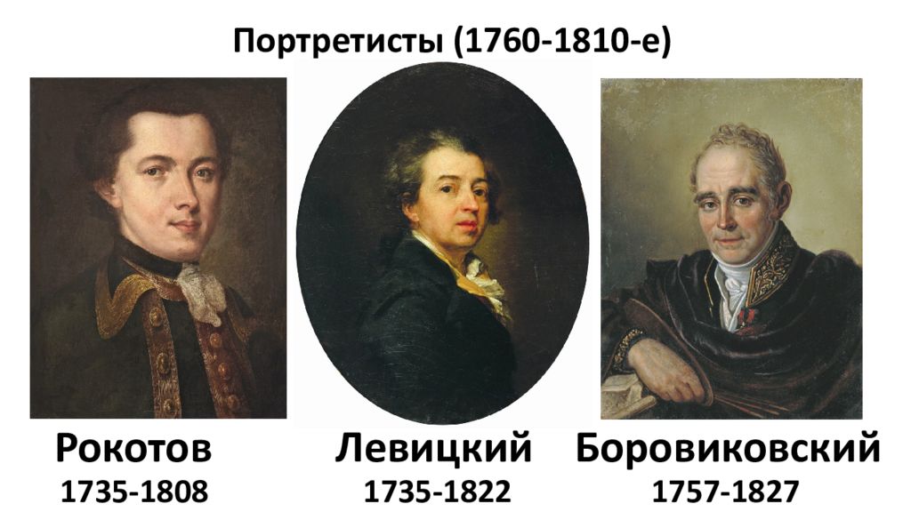 Рокотов Левицкий Боровиковский Портретисты (1760-1810-е) 1735-1808 1735-1822