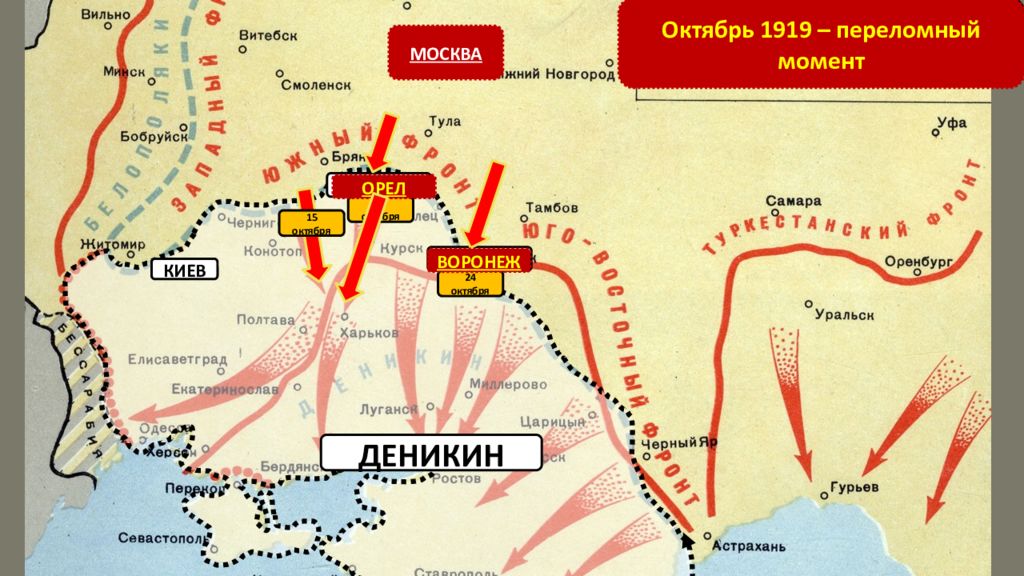Движение на москву гражданской войны. Наступление Деникина на Москву 1919 карта. Карта гражданской войны с Деникиным Южный фронт.