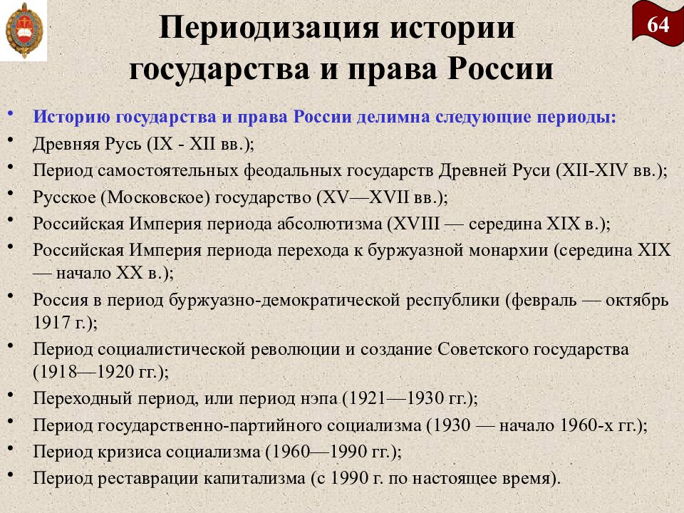 История развития и становления государственного. Периодизация истории. Периоды истории России.