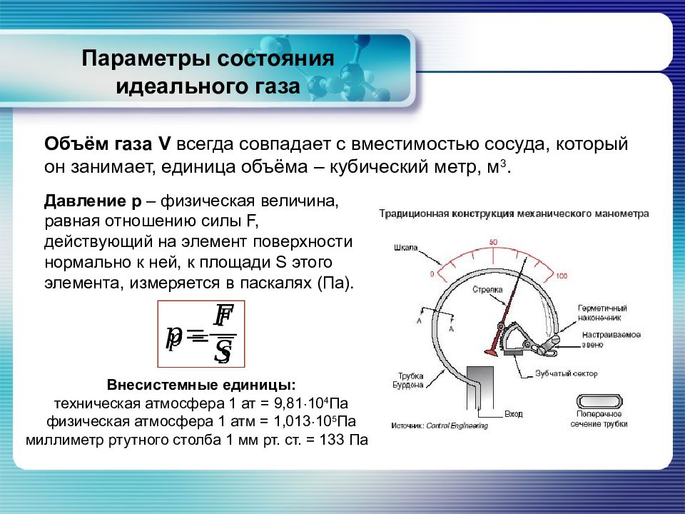 Параметры состояния газа. Параметры состояния идеального газа. 5. Параметры состояния идеального газа.. Основные параметры состояния газа.