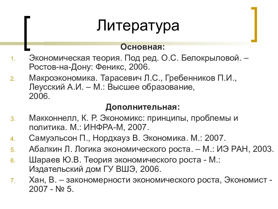 Список литературы экономическая теория. Экономическая литература.