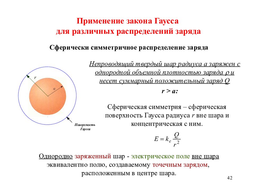 Радиус заряда. Закон Гаусса. Применение закона Гаусса. Сферически симметричное распределение. Симметричное распределение зарядов.