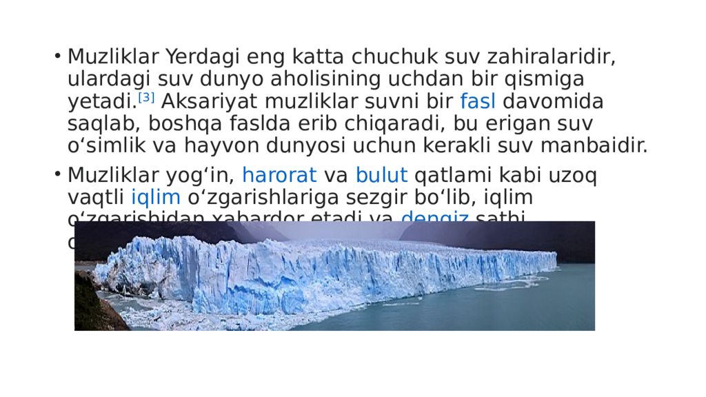 Mavzu : Muzliklarning turlari va tarqalishi. Muzliklarning gidrologik Mavzu : Muzliklarning turlari va tarqalishi. Muzliklarning gidrologik