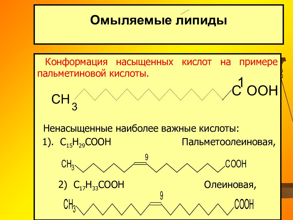 Омыляемые липиды это. Олеиновая стеариновая пальмитиновая кислоты. Основные ненасыщенные жирные кислоты. Общая формула жирных кислот. Насыщенные и ненасыщенные жирные кислоты формулы.