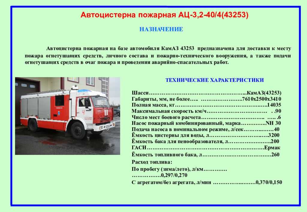 Масса пожарного автомобиля. АЦ пожарный автомобиль ТТХ КАМАЗ. ТТХ КАМАЗ пожарный АЦ. ТТХ пожарного автомобиля КАМАЗ 43253 АЦ-3.2-40. ТТХ пожарных автомобилей АЦ-40 КАМАЗ.