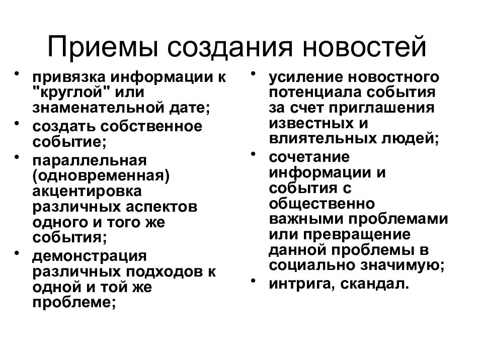 Прием построения. Создание и усиление новости. Приемы усиления новостей. Приемы создания новостей. Способы усиления новостной информации.