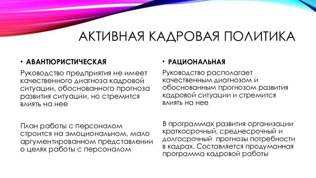 Плюсы политики. Активная кадровая политика. Кадровая политика предприятия. Кадровая политика характеризуется. Реактивная кадровая политика.