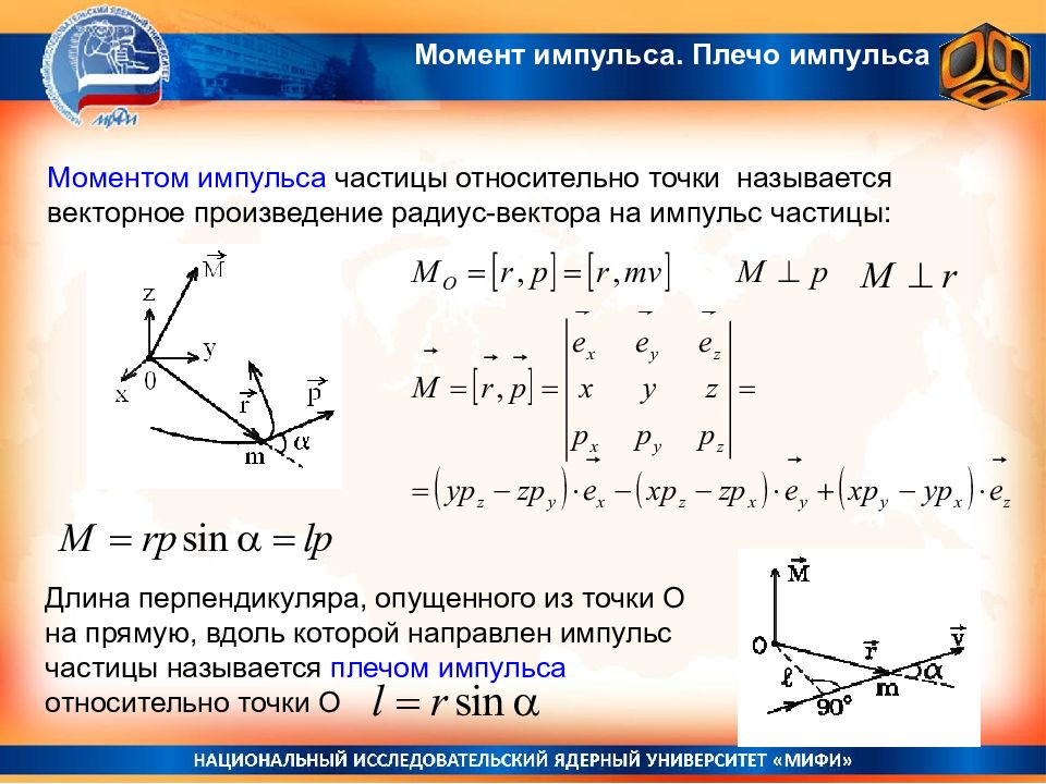 Момент относительно точки. Вектор момента импульса частицы. Векторное произведение радиус векторов. Момент импульса частицы относительно точки. Плечо импульса относительно точки.