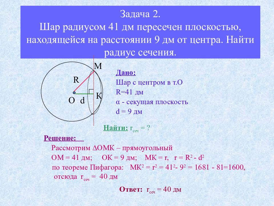 Шар взаимное расположение плоскости и шара презентация