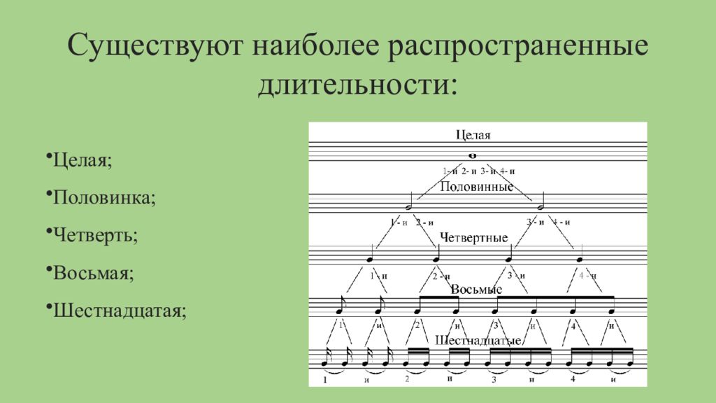 Какие существуют наиболее. Целая и половинка. Целая половинка восьмушка. Половинная Нота с точкой.