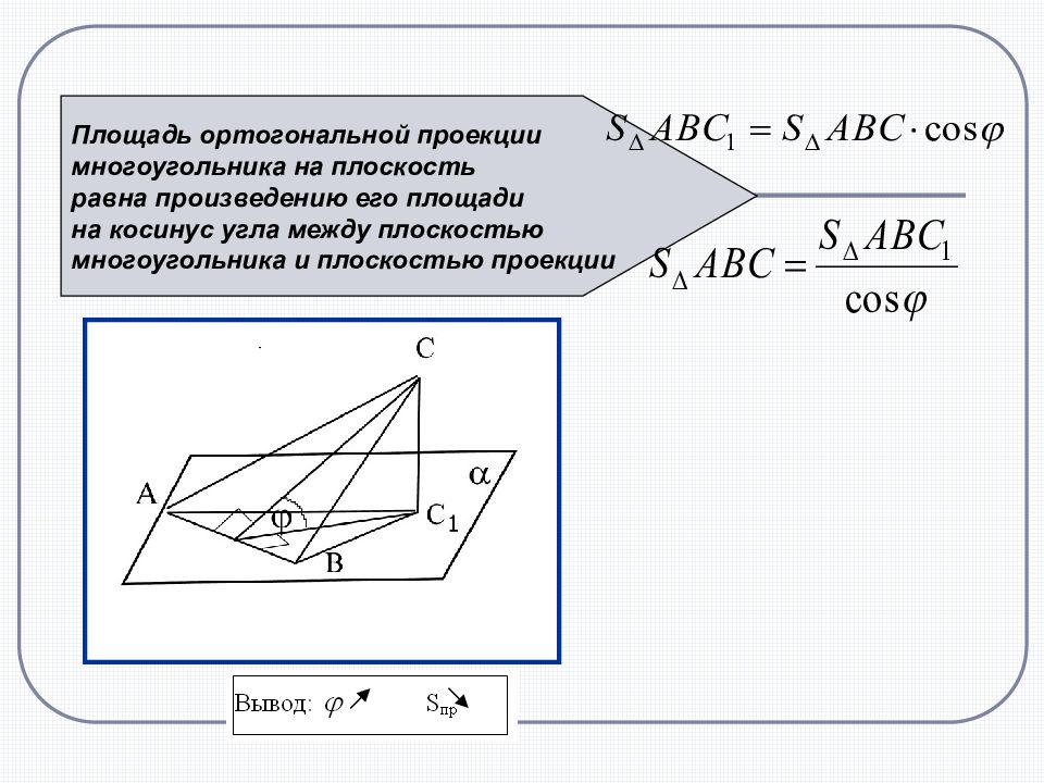 Угол между плоскостями площади. Площадь ортогональной проекции многоугольника. Формула площади ортогональной проекции. Площадь ортогональной плоскости. Формула ортогональной проекции многоугольника.