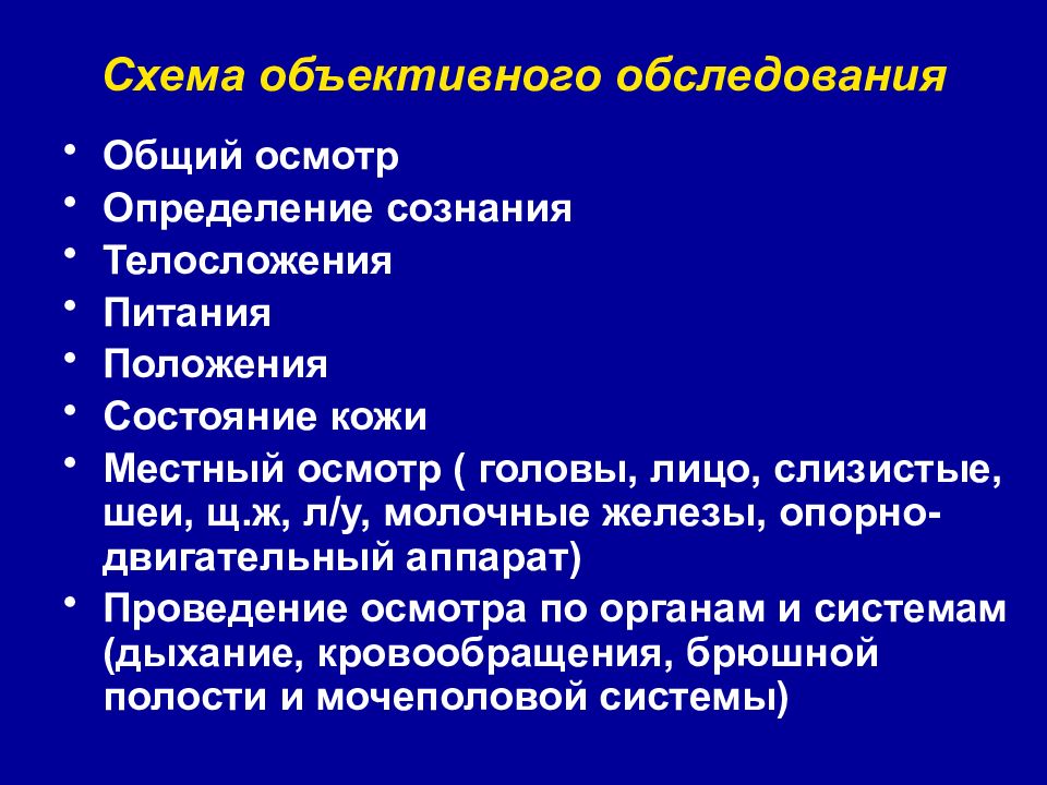 Объективный осмотр. Объективное обследование схема. Объективный осмотр пример. Условия проведение объективного обследования. Схема объективного обследования в хирургии.