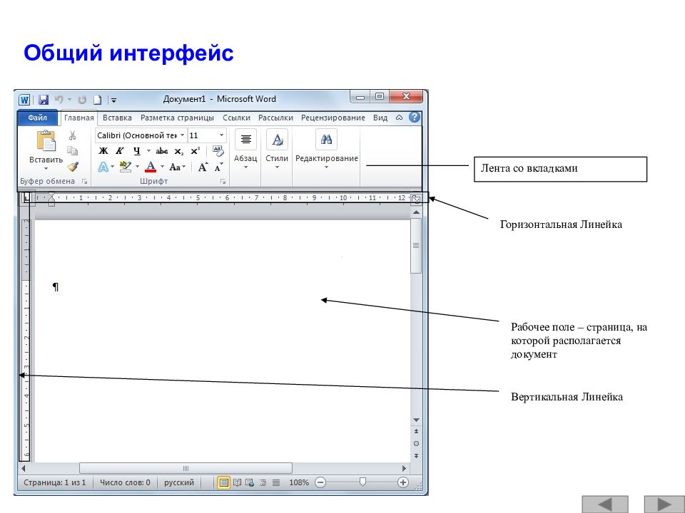 Текстовой интерфейс. Интерфейс текстового процессора Microsoft Word 2007/2010. Рабочее окно процессора Microsoft Word 2010. Интерфейс текстового процессора Microsoft Word 2010. Линейка в текстовом редакторе.