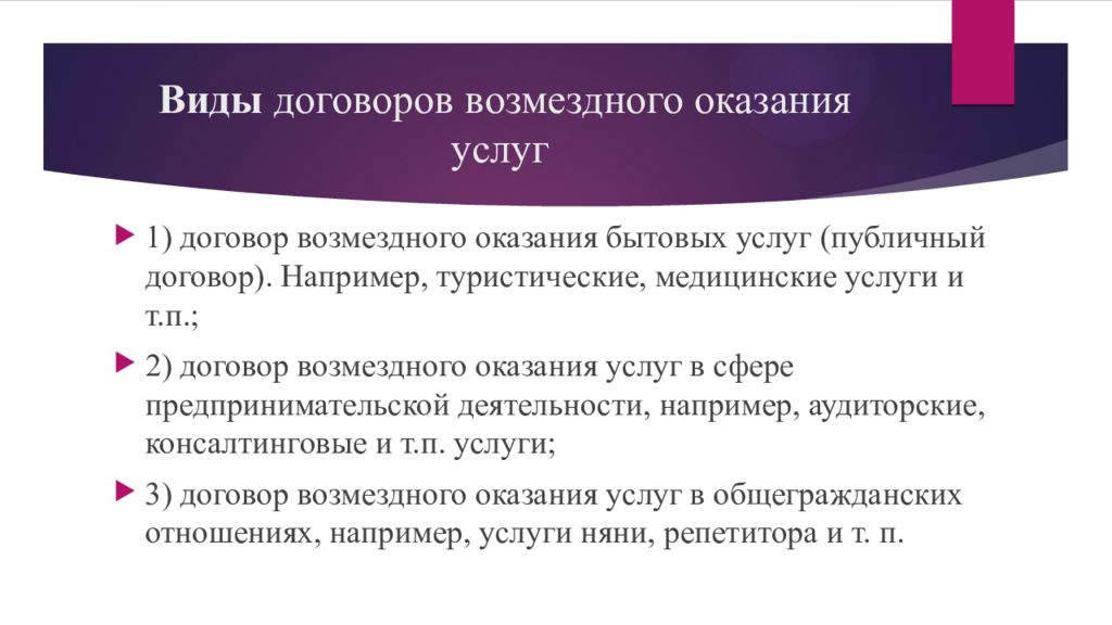 Выполнение работ определение. Виды договоров оказания услуг. Договор возмездного оказания виды. Возмездное оказание услуг. Виды договоров по оказанию услуг.