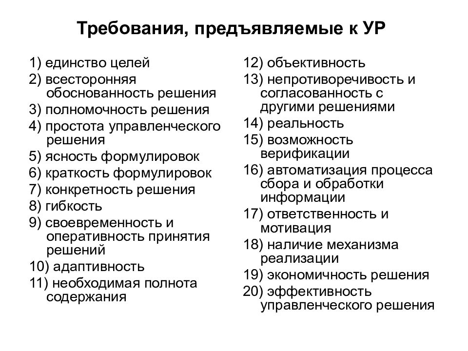 Наличие решений. Требования предъявляемые к ур. Перечислите основные требования к управленческим решениям. Условия и факторы качества ур. Требования к качеству управленческих решений решение.