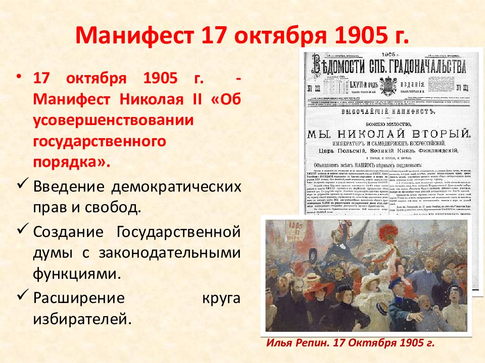 Причины манифеста об усовершенствовании государственного порядка 1905. Первая Российская революция Манифест 17 октября.