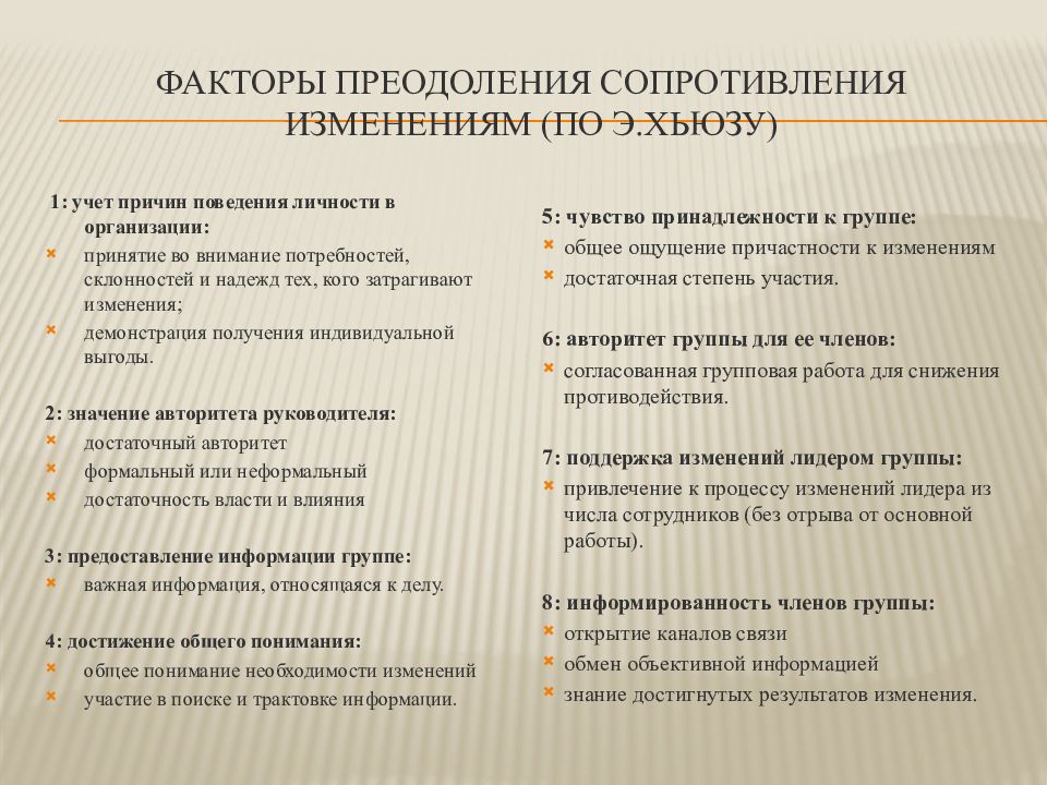 Преодоления сопротивления изменениям. Факторы преодоления сопротивления изменениям. Факторы преодоления сопротивления изменениям по э.Хьюзу. Методы преодоления сопротивлений по Хьюзу. Методы снижения сопротивления изменениям.