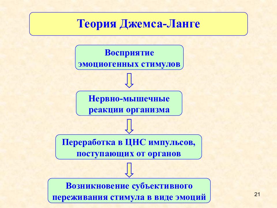 Согласно периферической концепции эмоций джеймса ланге развитие эмоции происходит по следующей схеме