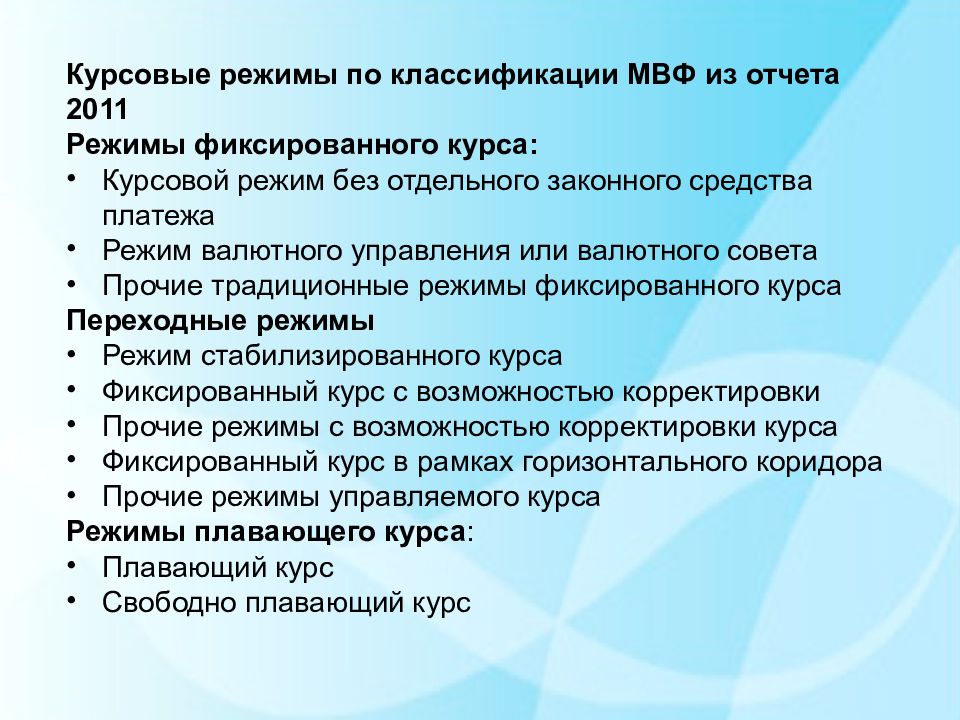 Курсовой мониторинг. Классификация международного валютного фонда. Классификация МВФ. Классификатор МВФ. Фиксированный курсовой режим.