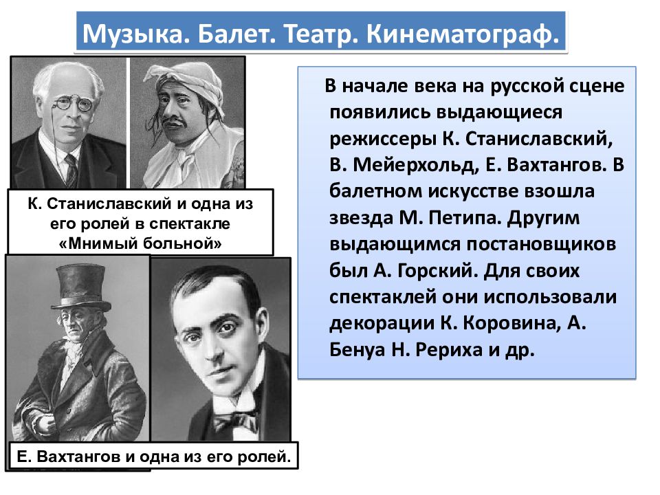 Музыка балет театр кинематограф серебряного века. Вахтангов и Станиславский. Музыка балет театр кинематограф в начале 20 века. Театр и кинематограф серебряного века презентация. Выдающиеся режиссеры театра Станиславский Вахтангов Немирович.