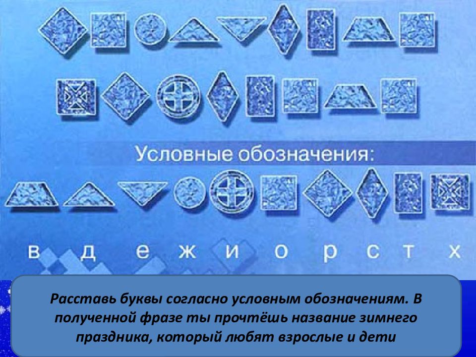 Расставь буквы согласно условным обозначениям. В полученной фразе ты прочтёшь