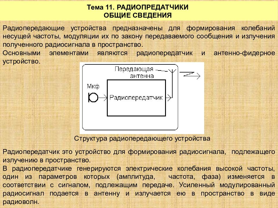 Тема 11. РАДИОПРЕДАТЧИКИ ОБЩИЕ СВЕДЕНИЯ Радиопередающие устройства