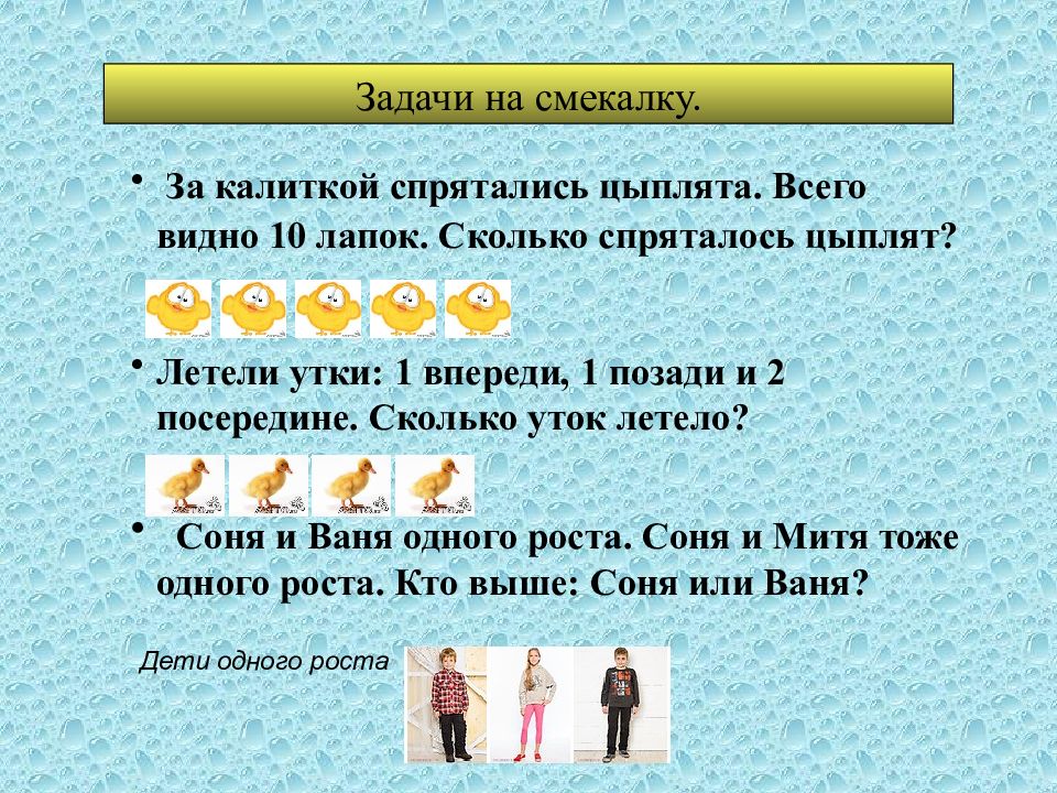 Задача про лапы. Задачи на смекалку. Летели утки одна впереди и две позади одна. За калиткой спрятались цыплята видны 10. За калиткой спрятались цыплята. Всего видно 10 лапок..