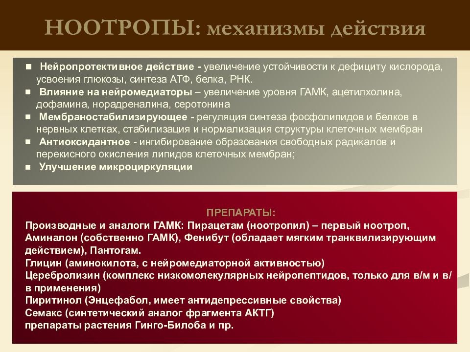 Ноотропное действие это. Механизм действия ноотропов. Механизм действия ноотропных средств. Ноотропные препараты механизм действия. Ноотропы механизм действия.