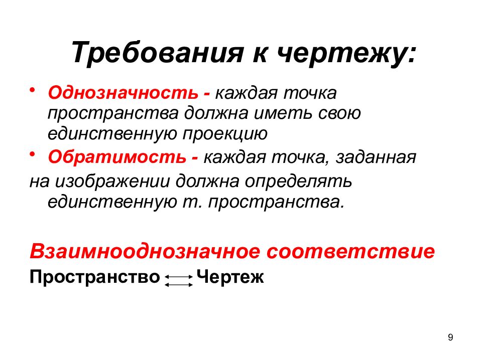 Единственные требования. Обратимость чертежа достигается. Однозначность. Свойства обратимости чертежа. Однозначность изображение.