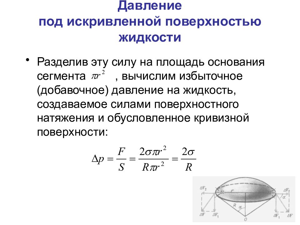 Площадь поверхности жидкости. Формула Лапласа для давления под искривленной поверхностью жидкости. Давление под искривленной поверхностью жидкости. Формула Лапласа добавочное давление. Давление жидкости под сферической поверхностью.