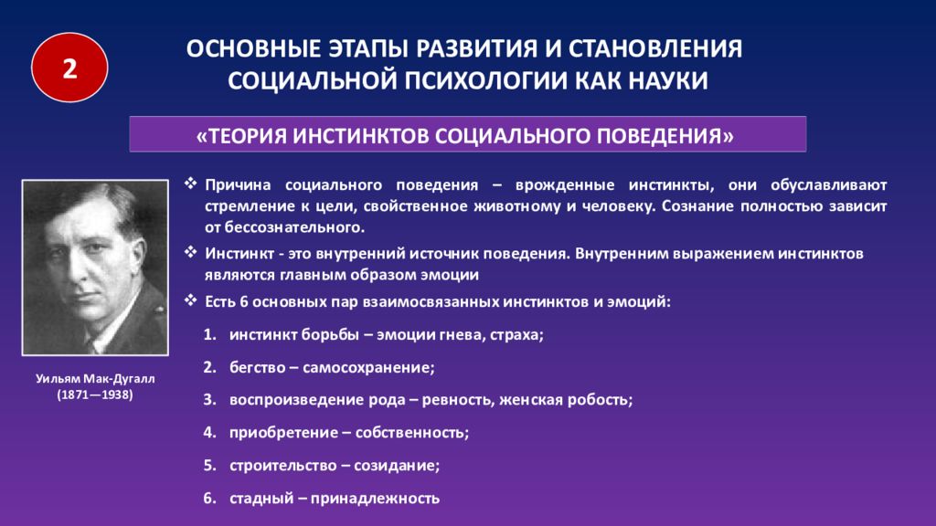 Теория социальной борьбы. Теория инстинктов социального поведения. Теория инстинктов социального поведения (у. Мак-Дугалл).. Этапы становления социальной психологии. Уильям Мак-Дугалл (1871-1938).