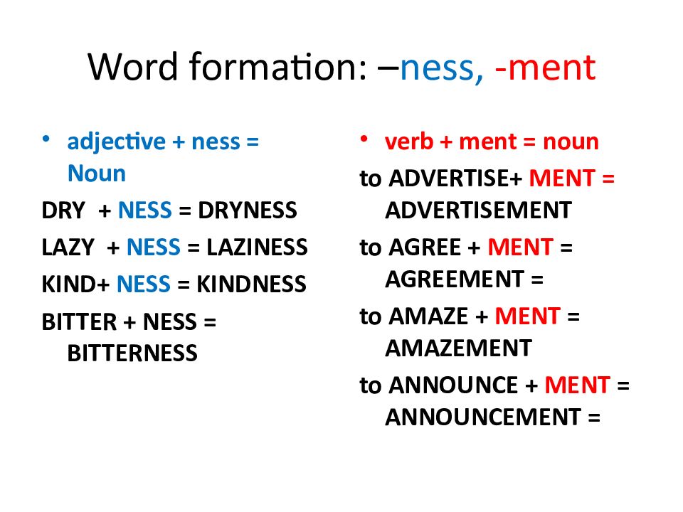 Word formation в английском. Ness Nouns. Adjective + Ness.