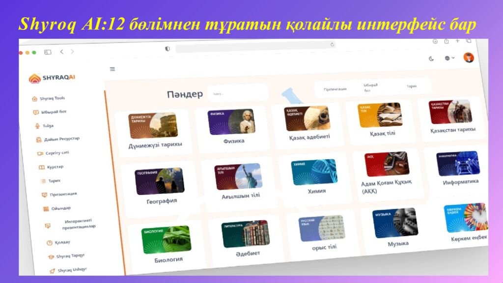 Shyroq А I :12 бөлімнен тұратын қолайлы интерфейс бар