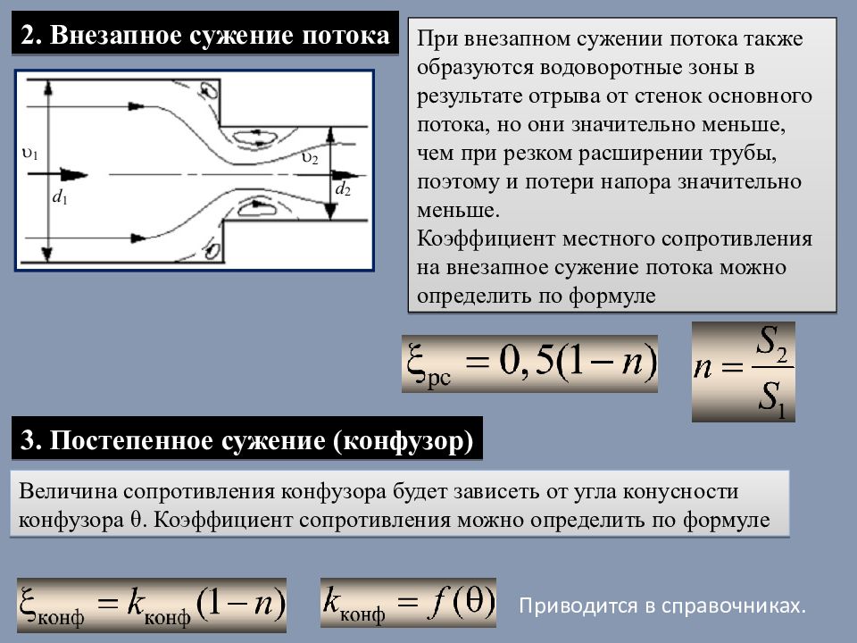 Также образоваться. Внезапное сужение трубопровода потери напора. Потери напора при сужении трубопровода. Местное сопротивление внезапное сужение. Внезапное сужение трубопровода формула.