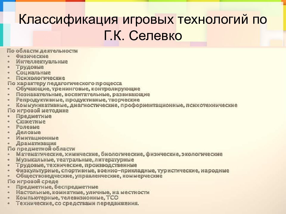 Классификация игровых технологий по г. к. Селевко. Г К Селевко классификация педагогических технологий. Методы и приемы игровой технологии.