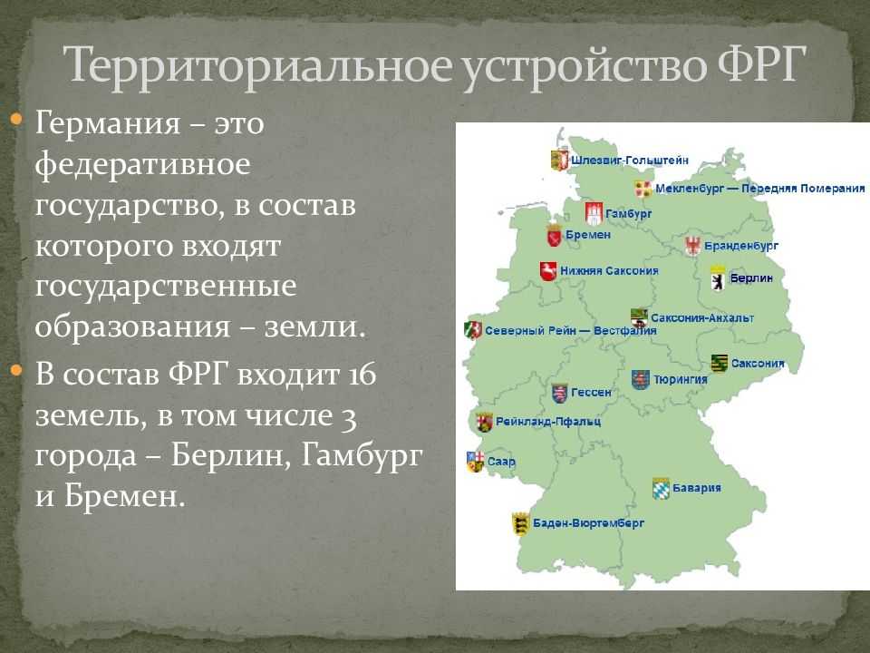 Название территориальной. Территориальное деление Германии. Административно-территориальное деление Германии. ФРГ административно-территориальное устройство. Основы территориальной организации ФРГ.