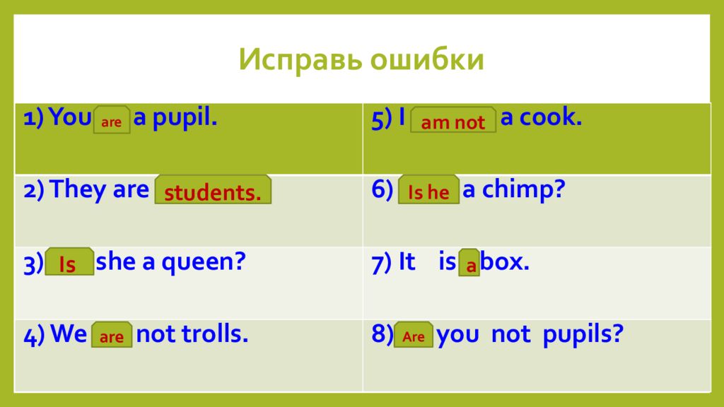 Is am a student ответ. Was were исправь ошибки. Глагол to be исправь ошибки. Ошибки исправь is are am. They is they are.