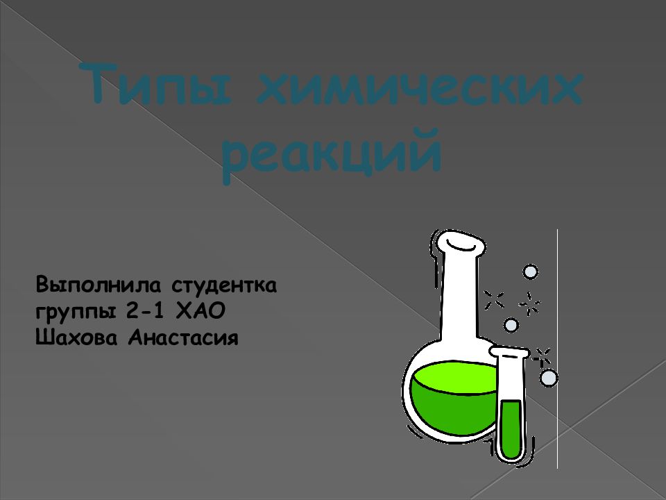 Типы химических реакций Выполнила студентка группы 2-1 ХАО Шахова Анастасия