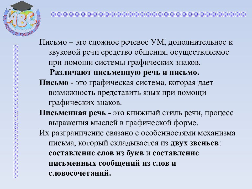 Обучение письменной речи на иностранном языке. Методы обучения письму. . Осуществление общения с помощью звуковой речи называется.