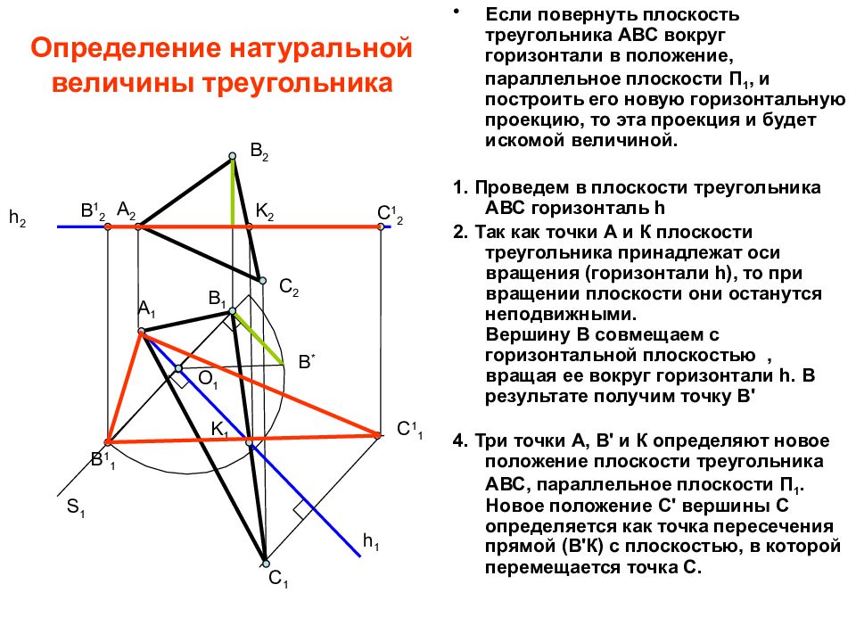 Величина треугольника. Плоскость треугольника. Определение натуральной величины треугольника. Натуральная величина плоскости треугольника. Построение истинной величины треугольника.