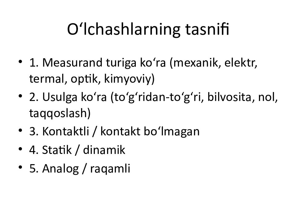 O‘lchashlarning tasnifi