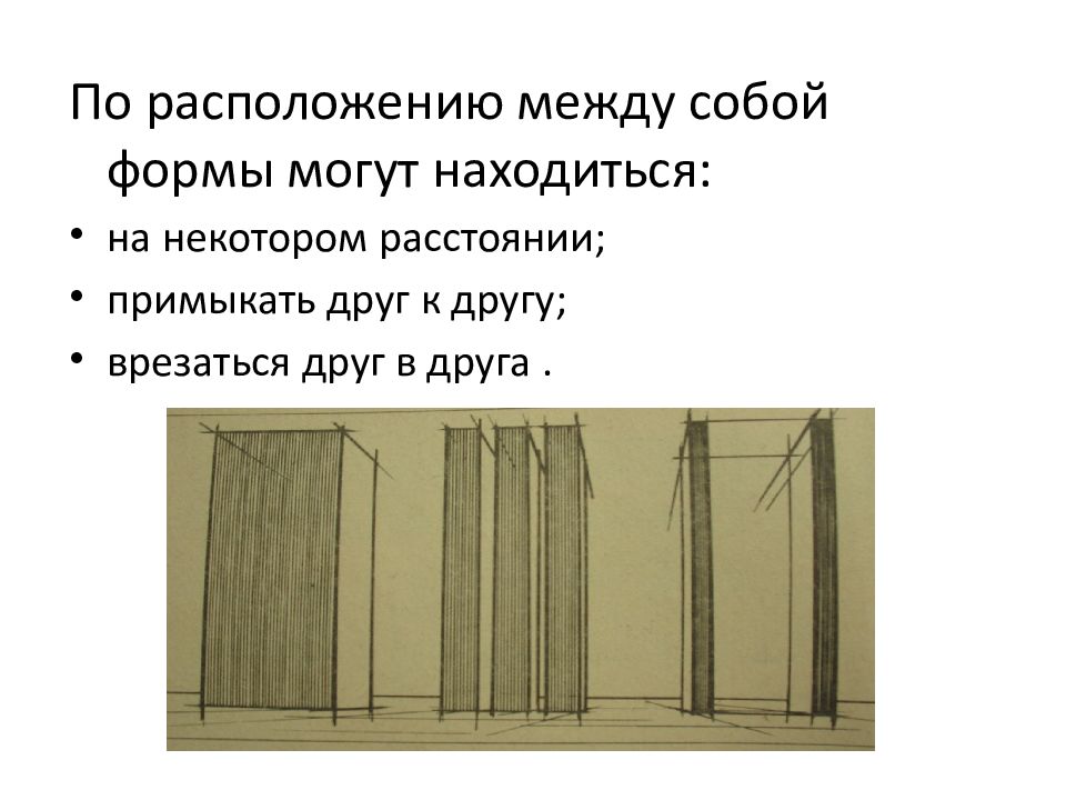 Свойства объемных форм. По расположению. Примыкать друг к другу. По расположению Полукосой. По расположению почти могут быть.