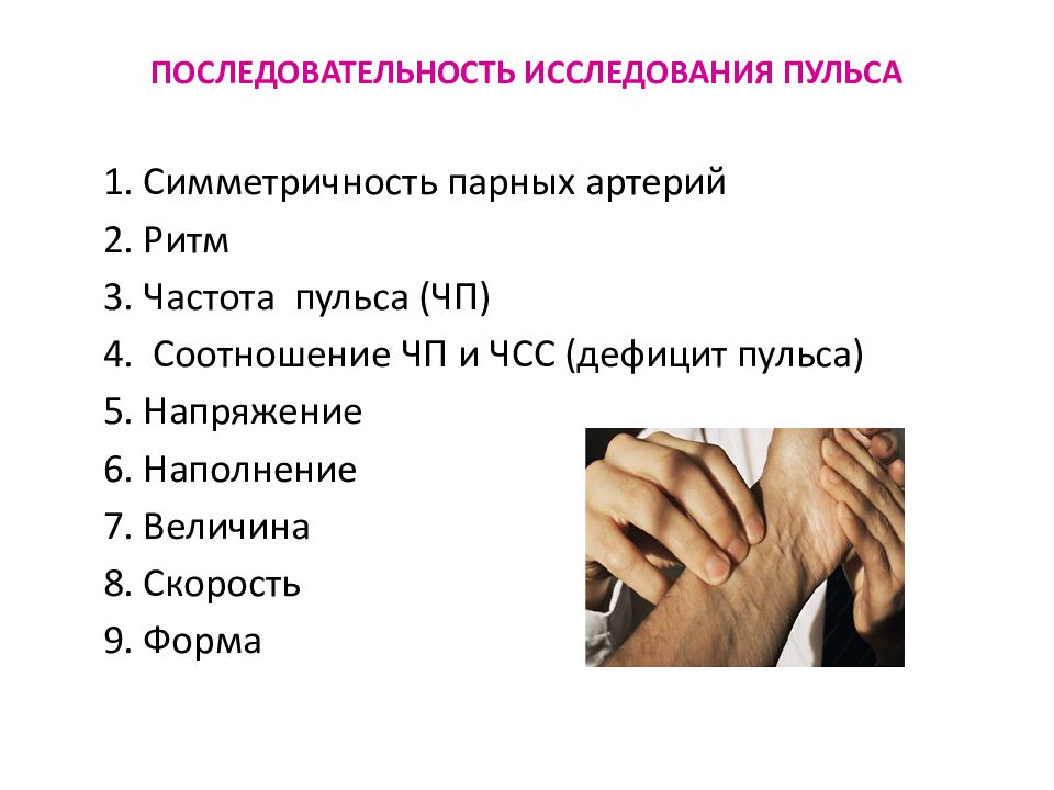 Артериальный пульс. Исследование свойств пульса. Алгоритм исследования частоты пульса на периферических артериях. Исследование артериального пульса пропедевтика. Исследование артериального пульса ( свойства пульса)-.