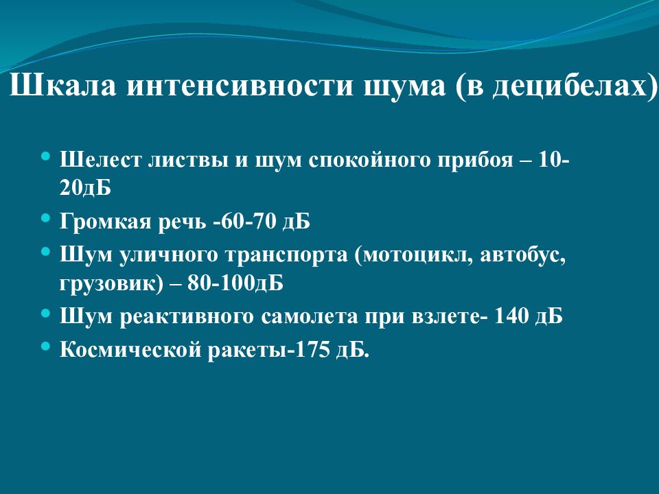 Шкала интенсивности шума (в децибелах)